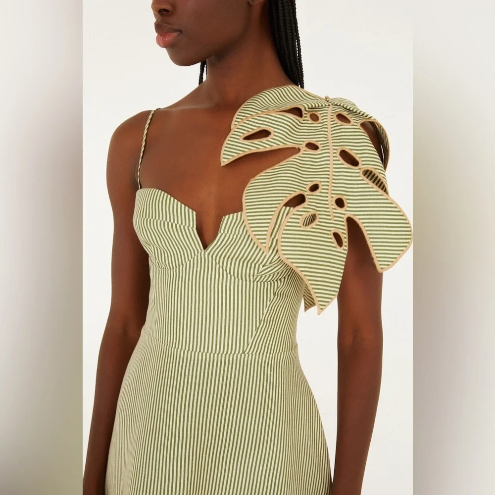 Farm Rio Green Striped 3d Monstera Leaf Midi Dress - Picture 3 of 9